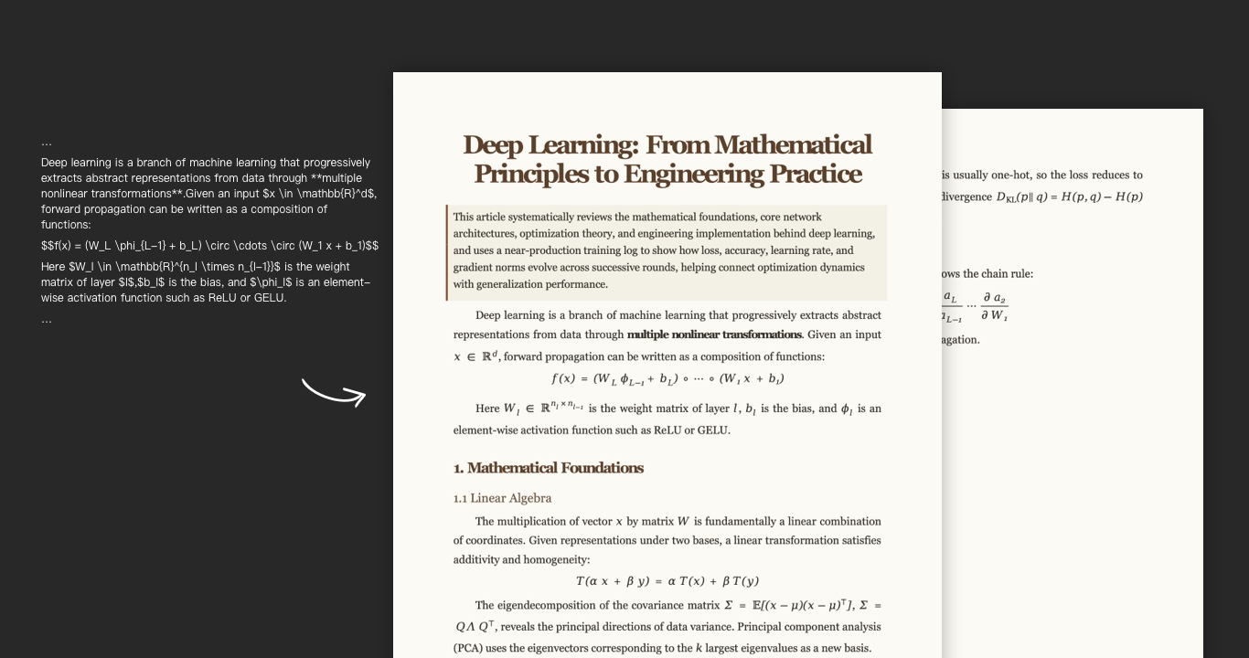 MarkConvert：左侧为 Markdown 源文本，右侧为转换后排版精良的 Word 文档